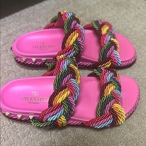 Valentino Pink and Multicolor Braided Slides